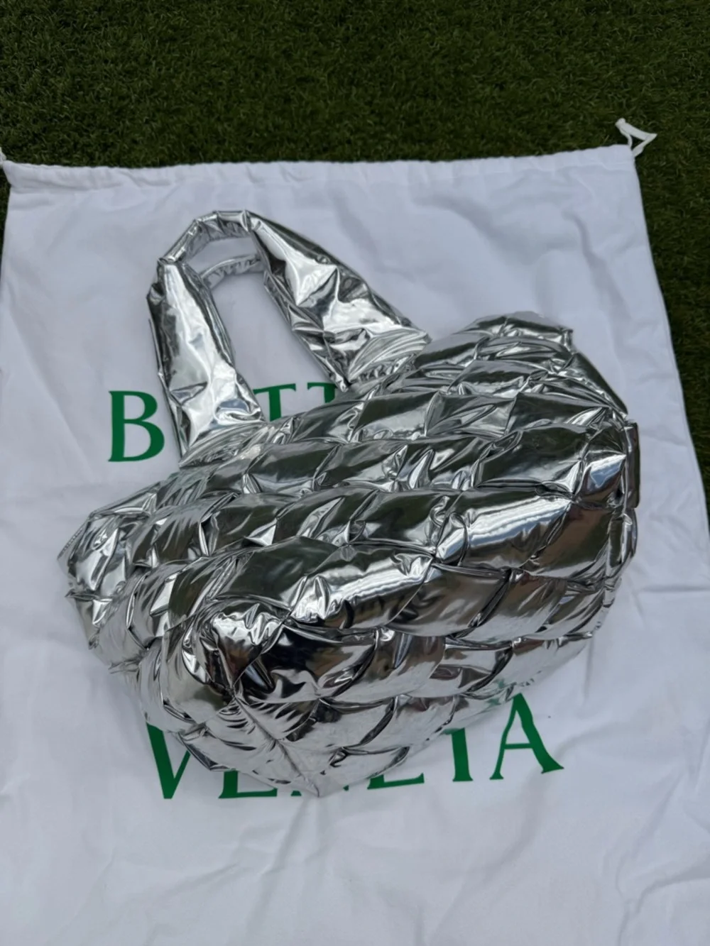 NWT Bottega Veneta Metallic Silver Intrecciato Padded Tote